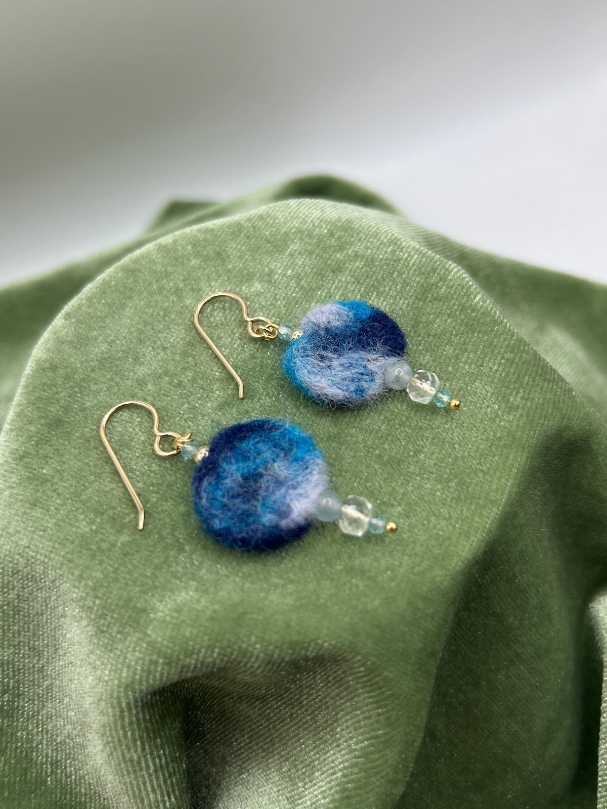 Blue round felt with natural Arkansas ice crystal (american mined), morganite, apatite earrings