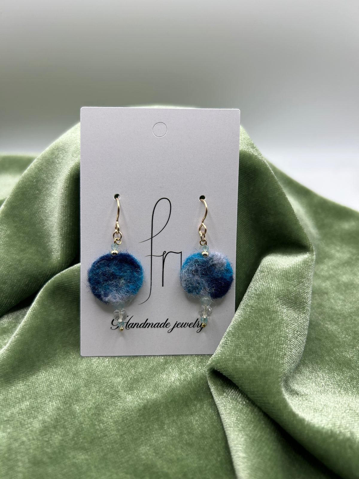 Blue round felt with natural Arkansas ice crystal (american mined), morganite, apatite earrings