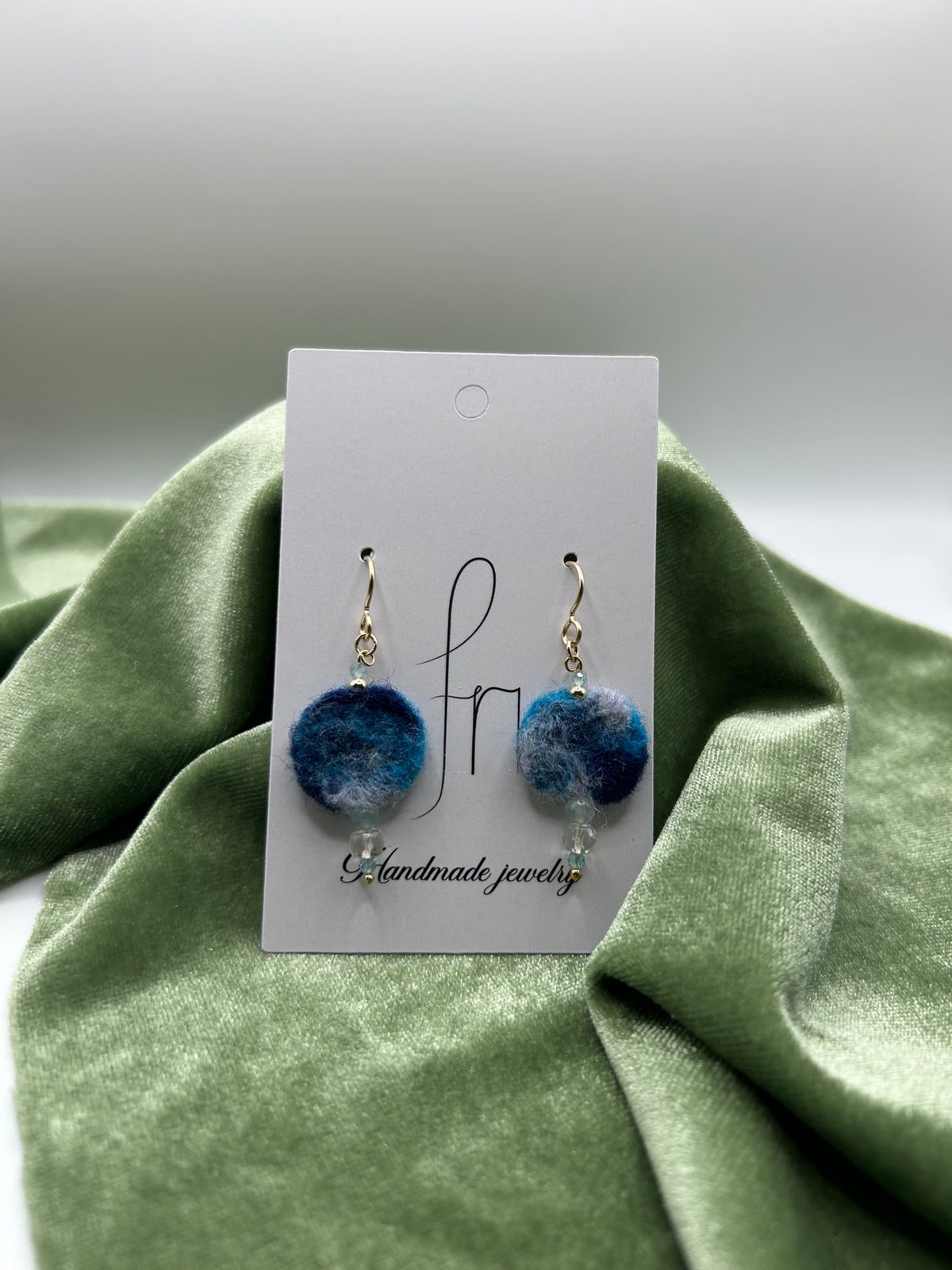 Blue round felt with natural Arkansas ice crystal (american mined), morganite, apatite earrings