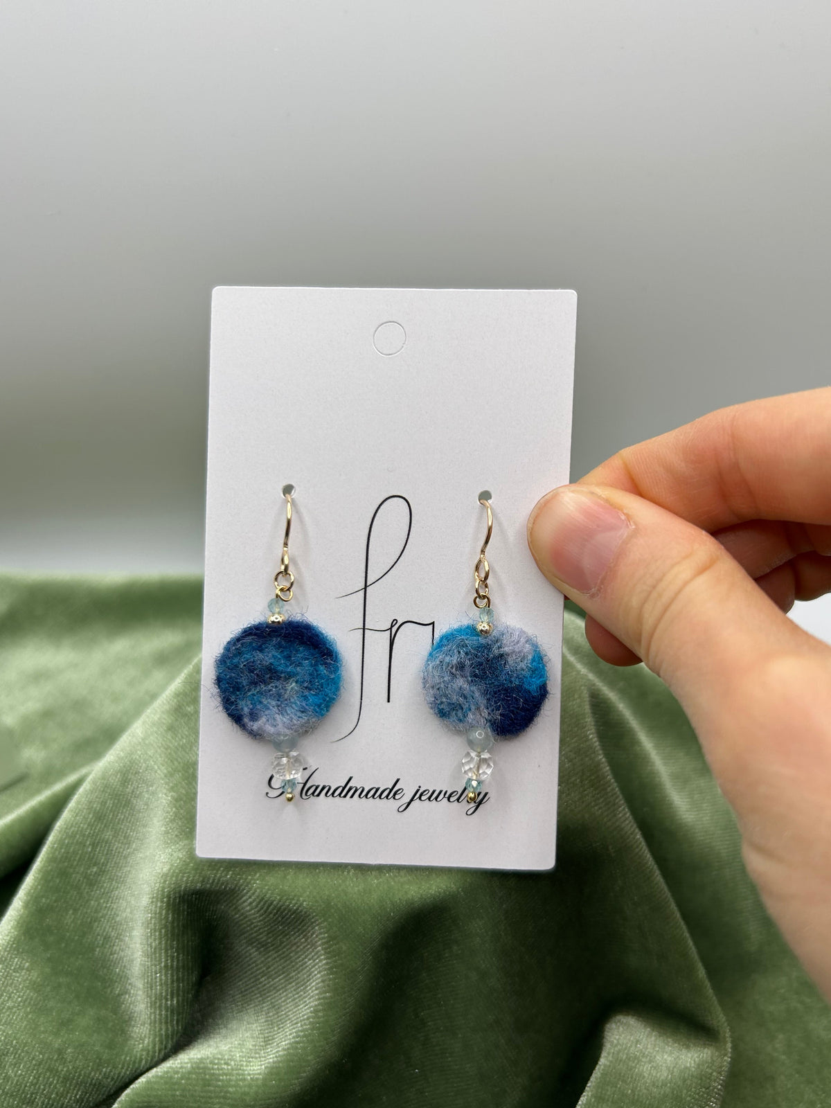 Blue round felt with natural Arkansas ice crystal (american mined), morganite, apatite earrings
