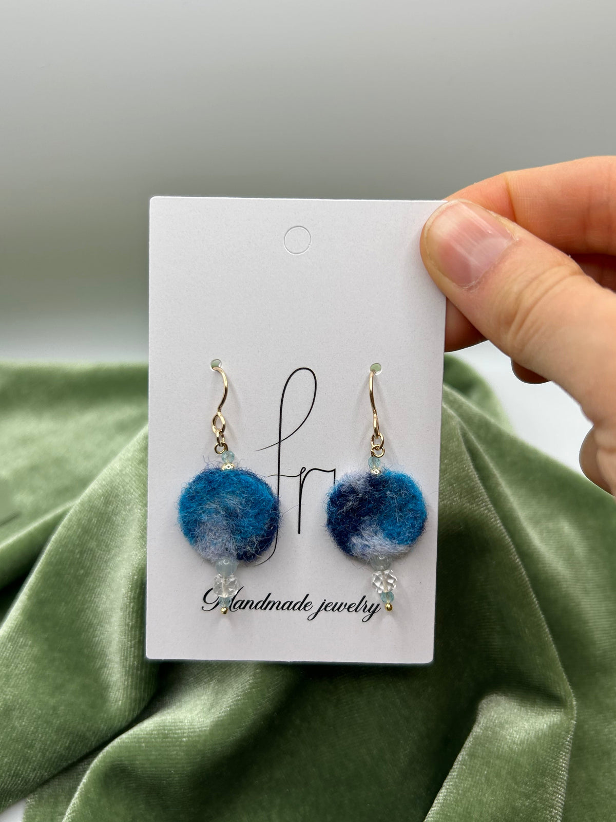 Blue round felt with natural Arkansas ice crystal (american mined), morganite, apatite earrings