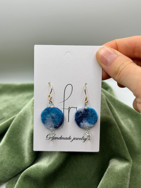 Gold fillet Blue round felt earrings with natural Arkansas ice crystal (american mined), morganite, apatite earrings