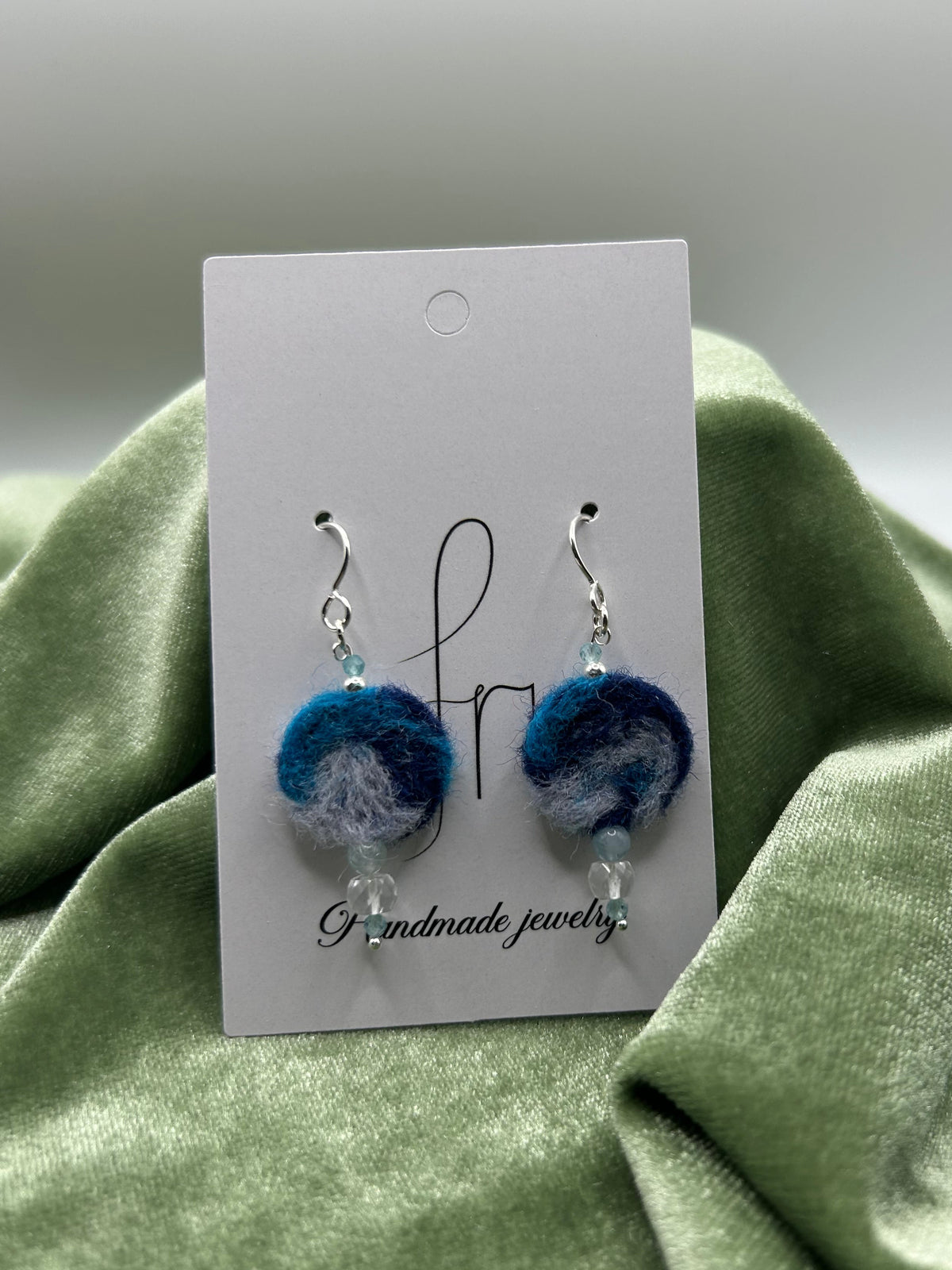 Blue round felt earrings with natural Arkansas ice crystal, morganite, apatite