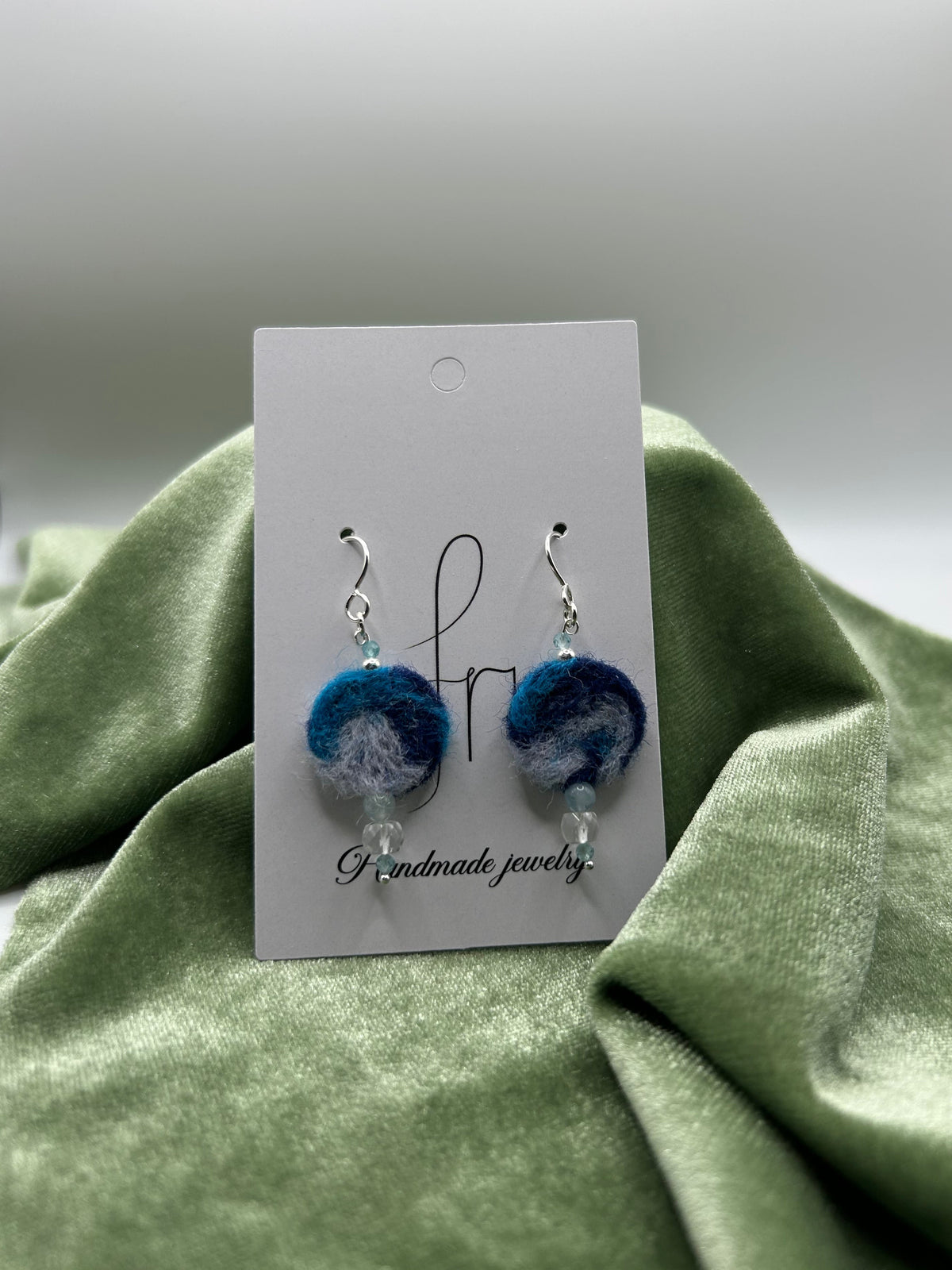 Blue round felt earrings with natural Arkansas ice crystal, morganite, apatite