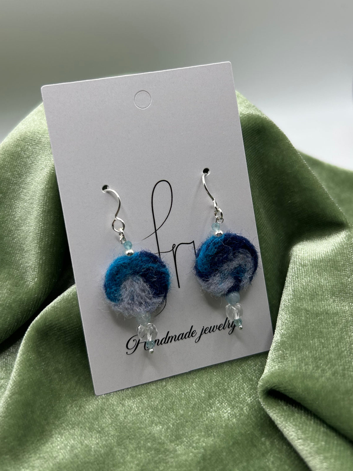Blue round felt earrings with natural Arkansas ice crystal, morganite, apatite