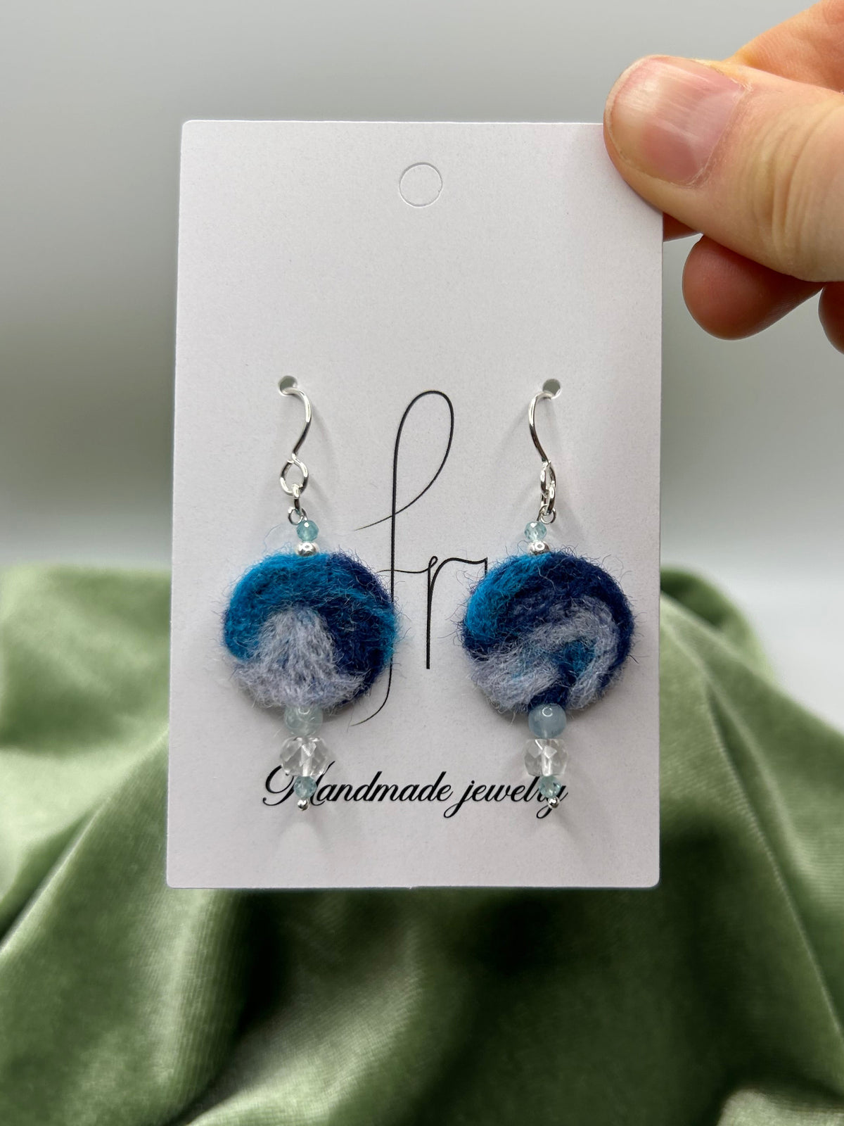 Blue round felt earrings with natural Arkansas ice crystal, morganite, apatite