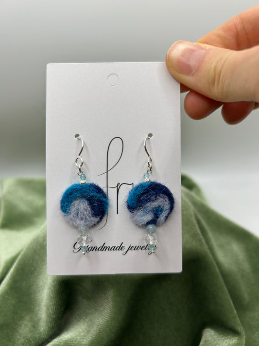 Blue round felt earrings with natural Arkansas ice crystal, morganite, apatite