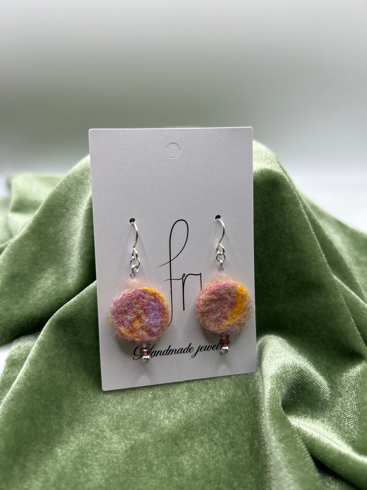 Peach colored round felt w. Morganite, amethyst, tourmaline earring