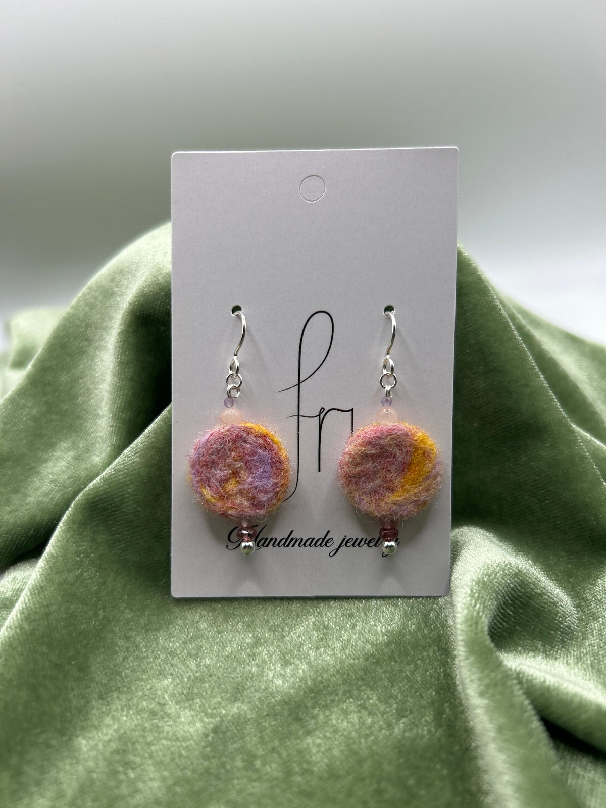 Peach colored round felt w. Morganite, amethyst, tourmaline earring