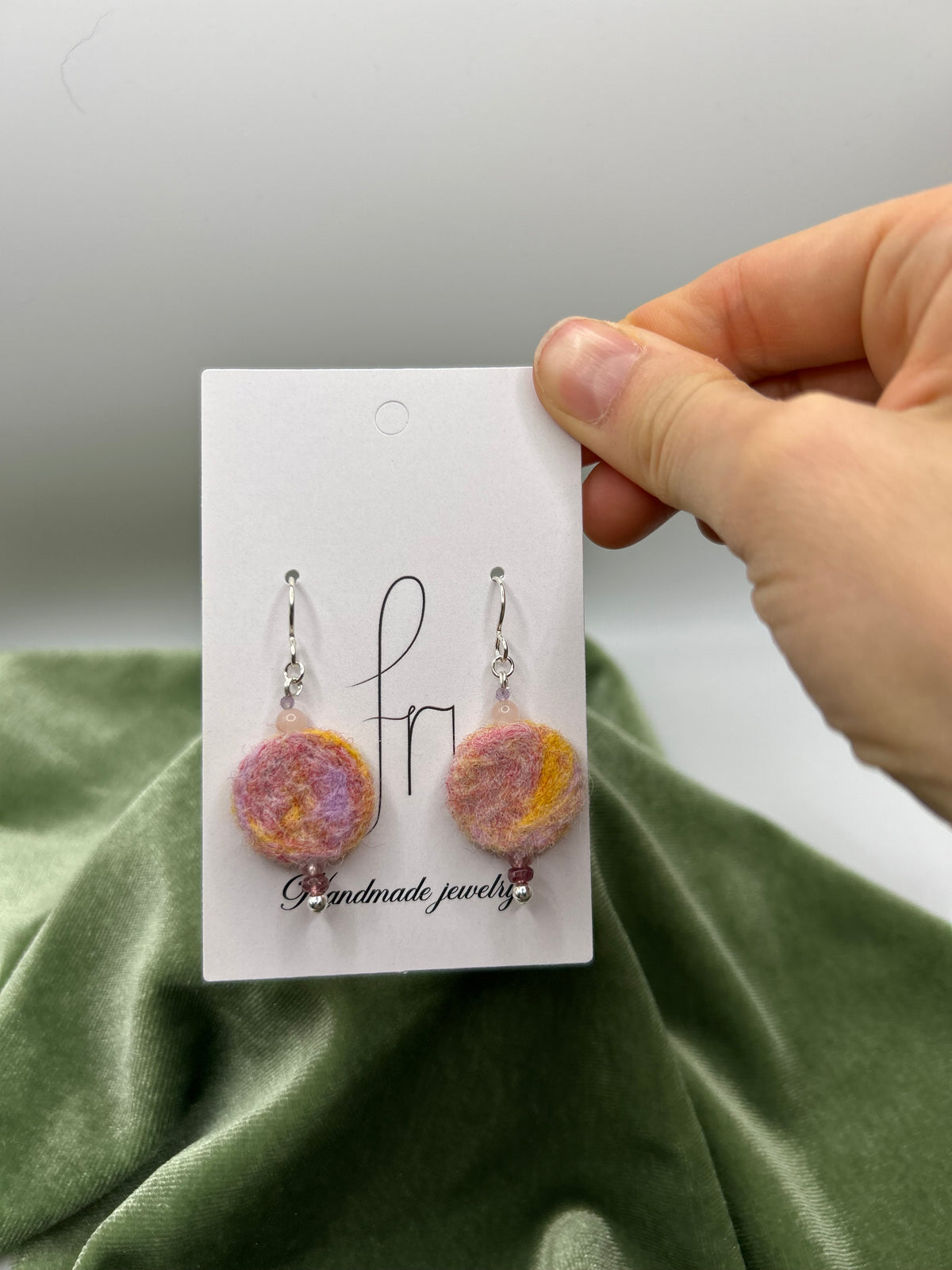 Peach colored round felt w. Morganite, amethyst, tourmaline earring