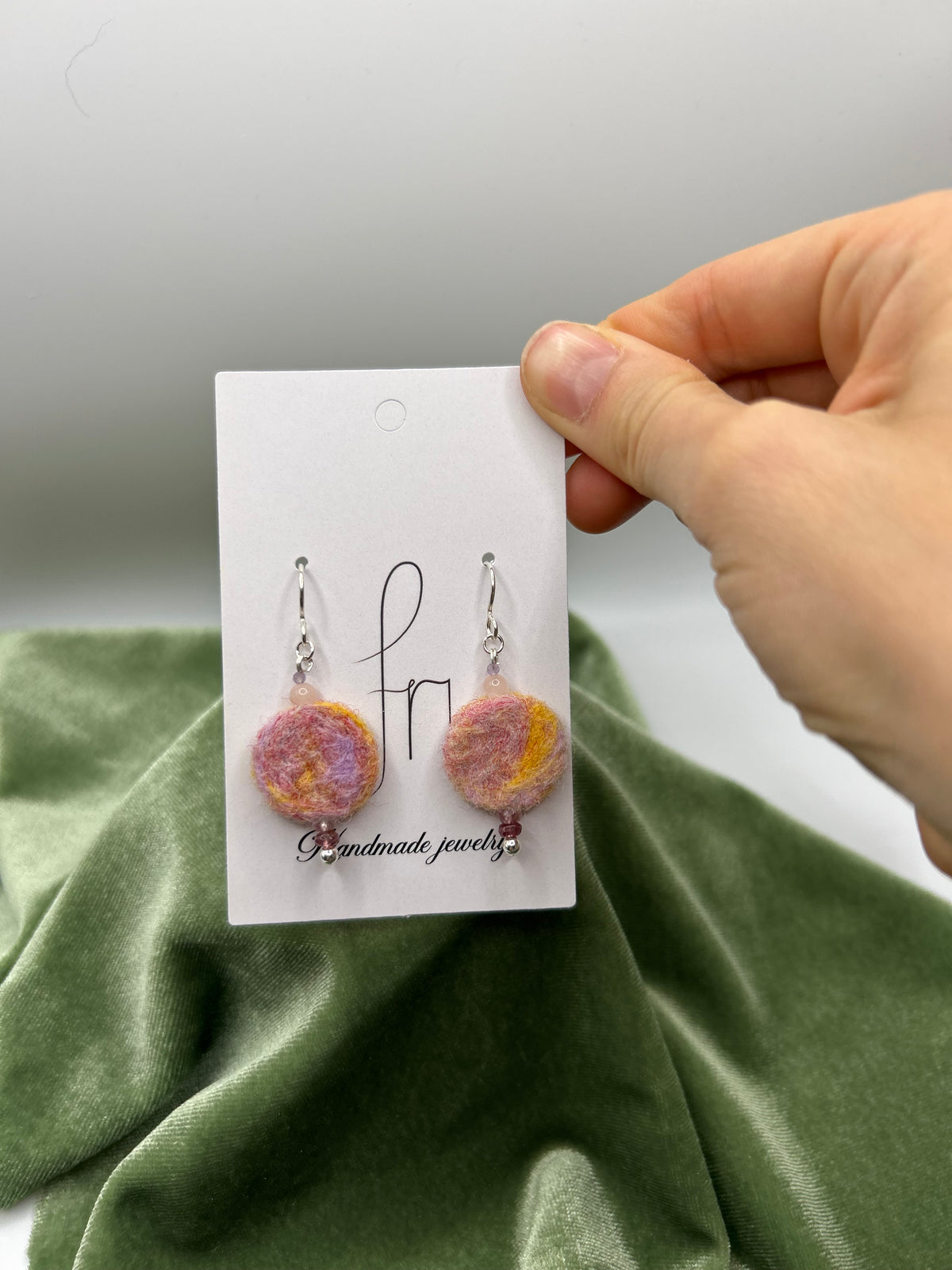 Peach colored round felt w. Morganite, amethyst, tourmaline earring