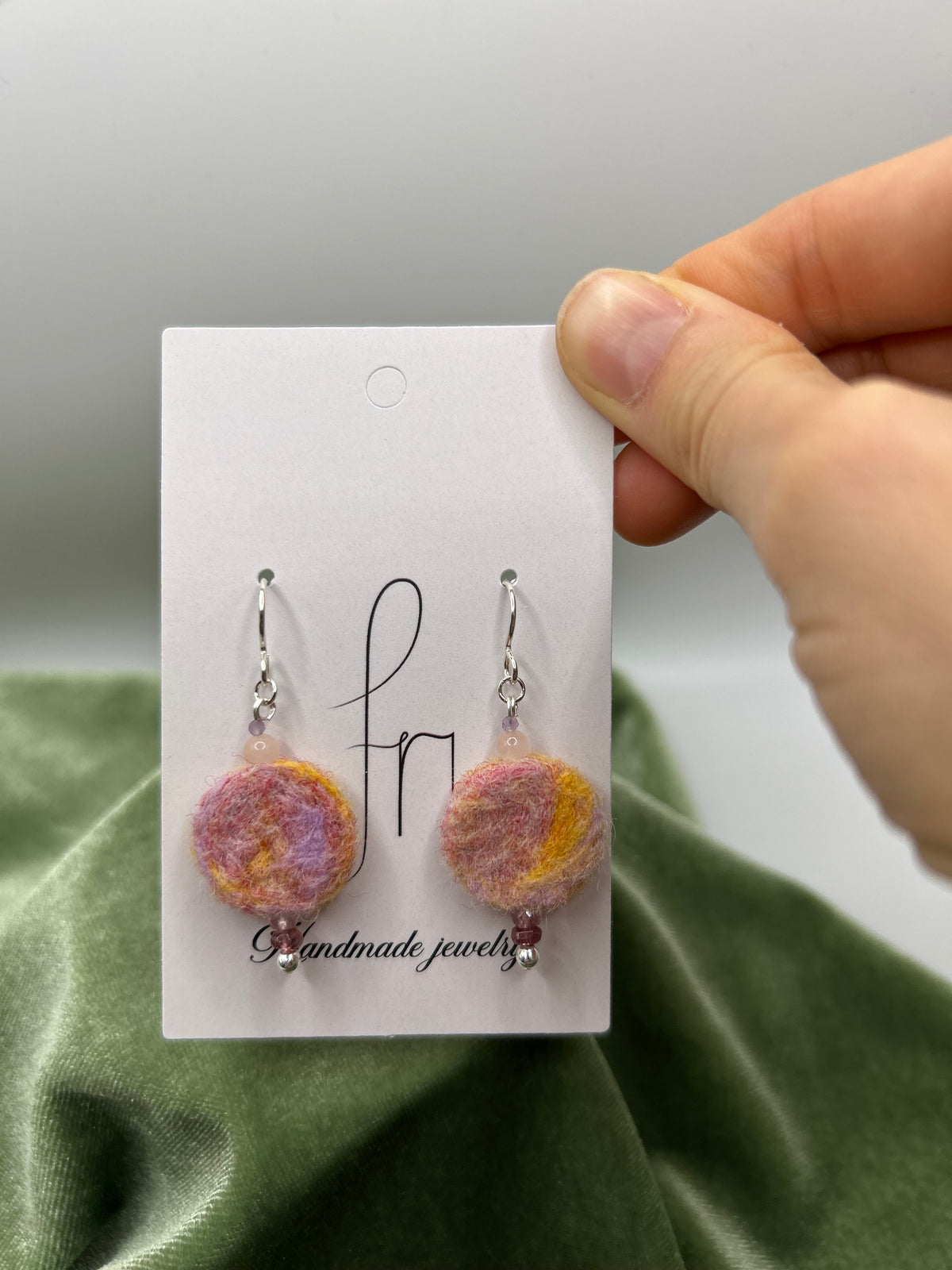 Peach colored round felt w. Morganite, amethyst, tourmaline earring