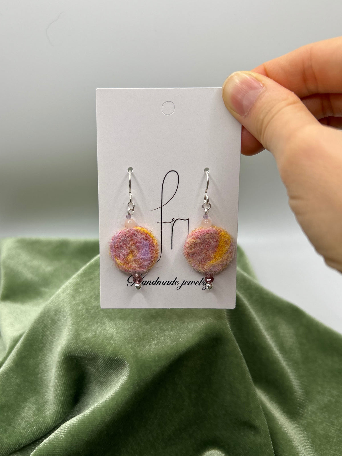 Peach colored round felt w. Morganite, amethyst, tourmaline earring