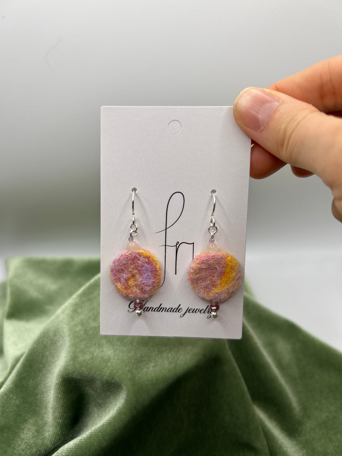 Peach colored round felt w. Morganite, amethyst, tourmaline earring